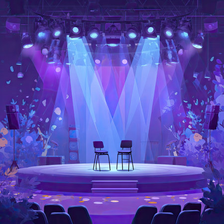 This image presents a stage setting with focused spotlights illuminating a round platform and two chairs. The artwork features shades of purple and blue creating a dramatic ambiance. The composition suggests an indoor environment. Suitable for promotional materials, editorial content, and various design applications.の素材