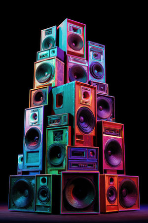 A vibrant tower of speakers dominates against a black backdrop. The speakers, varying in size, are illuminated with colorful lights. The composition highlights the equipment's textures and potential for audio performance. This image is suitable for promotional materials or editorial content.の素材