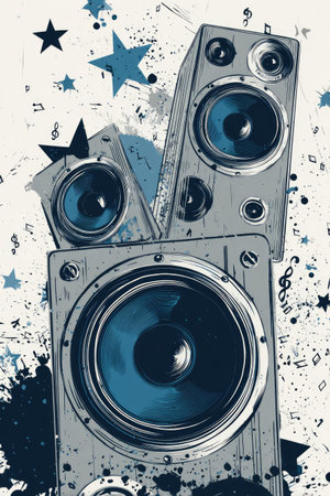 Three speakers of varying sizes are depicted on a textured backdrop with artistic elements. The speakers feature blue-toned circular drivers, suggesting audio technology. The composition uses a vertical arrangement with scattered musical notes and stars. This design has potential for promotional materials, or various creative endeavors.の素材