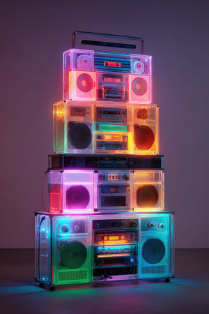 An artistic rendering features a tower of retro stereo systems, each encased in transparent materials, illuminated by vibrant neon lights. The composition highlights multiple speakers, dials, and internal components, with a dark background. This image could be used for various design projects, music-related advertising, or editorial content.の素材