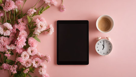 An overhead view shows a tablet, a cup of coffee, a small alarm clock, and pink flowers arranged on a pink surface. The scene presents a combination of technology and natural elements. This arrangement could be used to illustrate concepts related to technology, lifestyle, or design. Its composition and color palette lend well to various visual projects.の素材