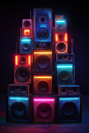An image displays a tower of speakers with various sizes illuminated by vibrant neon lights. The composition features a symmetrical arrangement, with a focus on the speaker's design and their colorful glow. The background is a solid dark color, which emphasizes the visual impact of the neon lights. Suitable for advertisement and design projects.の素材