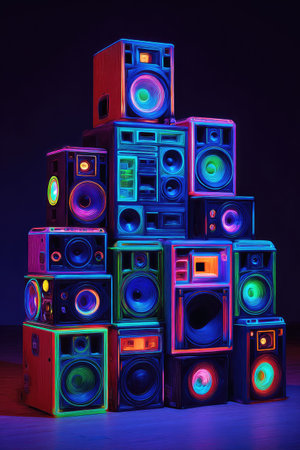 This image showcases a stack of speakers illuminated with vibrant neon lights. The composition presents a variety of speaker designs, with a dark background to emphasize the colorful glow. It suggests an environment focused on sound and music suitable for promotional materials or editorial content.の素材