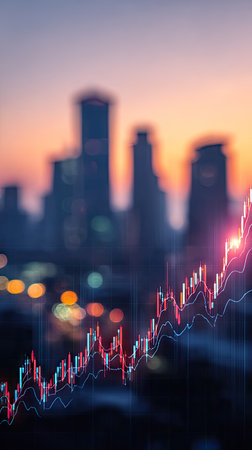 An upward-trending stock market graph overlays a blurry urban scene bathed in warm sunset hues. The image showcases data visualization with lines and colors, suggesting financial growth. The composition incorporates skyscrapers and a gradient sky, suitable for illustrating business, investment, or economic concepts in various media.の素材