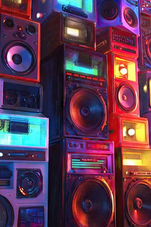 This image showcases a collection of retro audio equipment, primarily composed of speakers and stereo components. The arrangement presents a vertical composition, exhibiting a variety of colors and textures. The lighting contributes to the visual aesthetic, hinting at an indoor setting. Suitable for commercial and editorial purposes.の素材