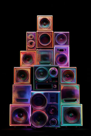 An array of rectangular speakers are vertically stacked, creating a towering arrangement. The speakers are illuminated with a spectrum of vivid colors, including blue, purple, and green. The composition appears against a solid black background. This image could be used for advertising or artistic purposes.の素材