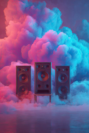Three upright speakers stand centered, against a backdrop of voluminous, colorful smoke. The composition features a vibrant interplay of pink and blue hues. The image showcases a studio-like ambiance, potentially suited for advertising content, or any project related to audio, music, or entertainment. The lighting highlights textures.の素材