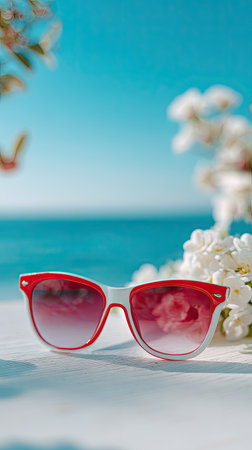 A pair of red-framed sunglasses rests on a white surface, set against a soft-focus background of white flowers, sky and sea. The image showcases the sunglasses' design and color, with soft lighting and a shallow depth of field. Suitable for advertising, fashion, or lifestyle content.の素材