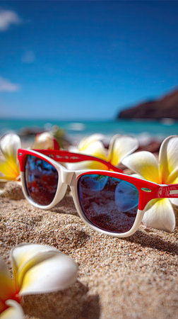 Sunglasses rest on a sandy surface, surrounded by white and yellow plumeria blossoms. The composition features vibrant colors, with red and white accents on the sunglasses reflecting a bright blue sky. This image evokes a sense of leisure and could be utilized for travel or lifestyle related themes.の素材