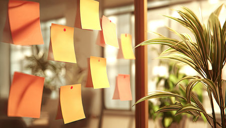 The image showcases colorful sticky notes attached to a glass wall, alongside a lush green plant. The composition features warm tones and a shallow depth of field, suggesting an indoor environment. The image is suitable for a wide range of uses, including illustrating productivity, communication, and planning in commercial contexts.の素材
