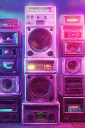 This image features a collection of vintage stereo components arranged in a stack, illuminated by vibrant neon lighting. The composition highlights a retro aesthetic, showcasing a variety of audio devices. This visual could be utilized for music related projects or design concepts. The image has a futuristic vibe.の素材