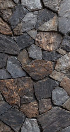 This image presents a close-up of a stone wall, showcasing a variety of shapes and sizes. The composition reveals a blend of gray, brown, and tan hues. The rough texture and irregular patterns suggest a natural, outdoor setting, suitable for various design projects and background applications.の素材