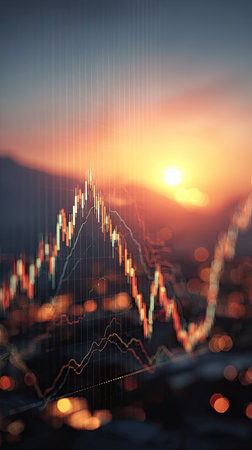 An image displays a financial graph superimposed over a blurry city at sunset. The composition features warm color tones and an overall soft focus. Suitable for visualizing financial growth or market analysis, it evokes themes of investment and economic change. The image may be used for various commercial or editorial applications.の素材