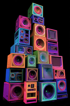 This image presents a vibrant stack of loudspeakers in various bright colors. The composition showcases a modern, artistic arrangement with a focus on geometric shapes. The lighting emphasizes the texture and form, set against a dark backdrop. Suitable for music-related projects or visual content.の素材