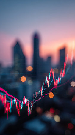 An image showcases a stock market graph overlaid on a blurred city skyline during a sunset. The chart features red and blue lines, indicating market trends. The overall composition uses soft focus and warm tones, evoking a sense of financial growth and urban development. Suitable for illustrating business, finance, and investment themes.の素材