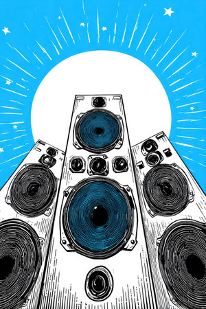This graphic showcases three stylized loudspeakers in an illustrative style, featuring black and white tones with hints of blue. The composition is set against a vibrant blue backdrop reminiscent of daylight, with a prominent sun or light source in the center. Suitable for various applications, including music-related projects or creative advertising.の素材