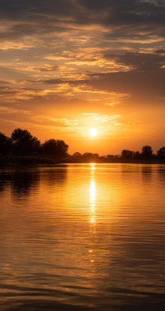 The image features a beautiful sunset with a vibrant display of orange and yellow hues reflected on a serene body of water. The composition highlights the water's surface, and the sky is filled with clouds. This scene could be used for various commercial projects related to nature, travel, or environmental themes, providing a sense of peace.の素材