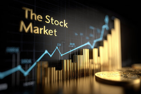 An illustration features a stock market graph, displaying financial information and rising trends. The composition showcases golden elements against a dark background, with a prominent ascending line. The overall lighting and design suggest a professional or commercial application related to investments and finance.の素材