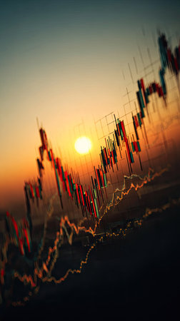 An upward trending financial graph is set against a vibrant sunrise, possibly indicating market gains. The image uses warm colors with sharp lines suggesting data. It could be used in business articles, financial presentations, or educational materials illustrating trends.の素材