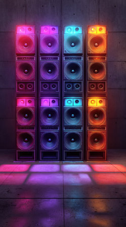 This image presents a stack of speakers, each with illuminated facades in various colors, creating a vibrant visual effect. The composition is set against a textured wall and reflective surface. The lighting suggests an indoor environment. Suitable for promotional materials and creative content related to music or entertainment.の素材