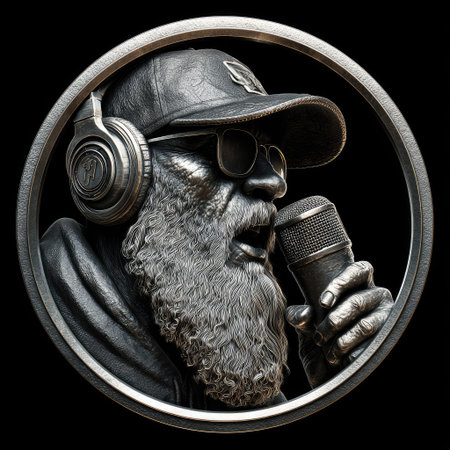 This stylized image features a man with a beard and cap, wearing headphones and holding a microphone. The artwork showcases a grayscale palette with detailed textures and shadows, creating a visual sense of depth. The circular composition suggests a portrait, suitable for various editorial and promotional applications.の素材