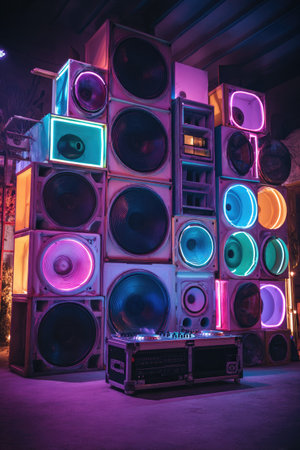 An array of speakers, illuminated by neon lights, dominates the visual space. The composition includes a variety of sizes and shapes, with circular and square elements. The color palette incorporates vibrant hues, creating a visually striking display. This image is suitable for promotional materials, and event marketing campaigns.の素材