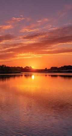 A beautiful sunset is reflected in a still body of water. The composition is defined by vibrant orange and purple colors in the sky, reflecting on the water surface. The image showcases soft textures and warm lighting, suggesting an outdoor environment. Suitable for editorial and commercial use, such as advertising.の素材