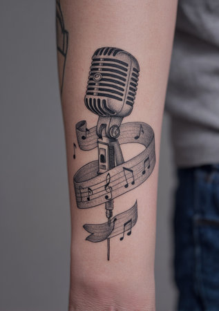 A detailed tattoo design features a classic microphone intertwined with a ribbon of musical notes. Rendered in grayscale, the artwork displays fine lines and shading, giving a three-dimensional effect. The composition is set on an arm, suggesting potential use in creative advertising or editorial projects related to music and design.の素材