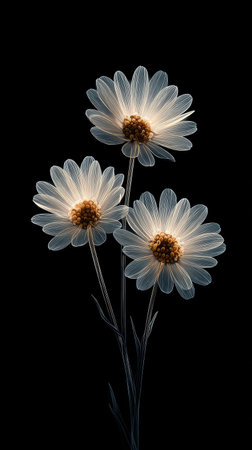 Three daisy flowers are the focal point, illuminated against a dark backdrop. The image features soft, glowing petals and textured centers. The composition highlights a minimalist style. Suitable for commercial applications, the image could be used for various design and decorative purposes.の素材