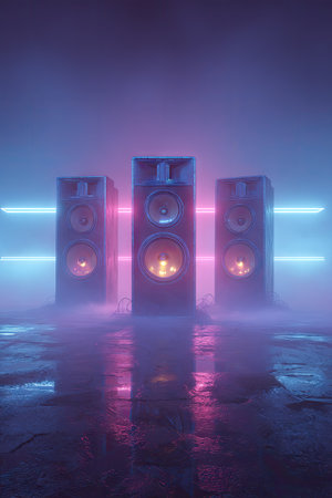 Three vertical loudspeakers stand in a foggy atmosphere illuminated by vibrant pink and blue neon lights. The composition has a central focus, with reflections on a wet surface. This image uses futuristic visual styles and is suitable for various uses, including promotional material or thematic design elements.の素材