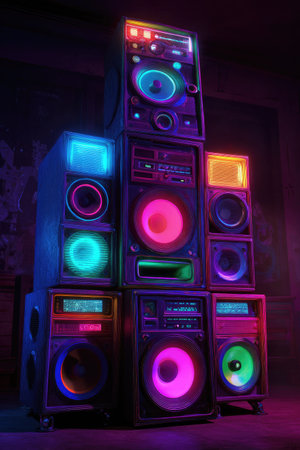 A tall stack of audio speakers glows with vibrant neon lights in a vertical composition. The image displays a variety of shapes and sizes, showcasing circular speaker components. The predominant colors are purple, red, and green, suggesting a dark setting. Suitable for themes of music, concerts, and audio technology, and other commercial uses.の素材