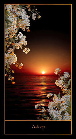 An image captures a serene sunset over water, illuminated by warm orange and red hues. White floral elements frame the scene. The composition evokes a sense of tranquility, with reflections on the water's surface. The overall style is artistic and suitable for various visual projects.の素材