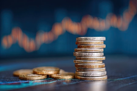 A stack of coins stands in the foreground, with several others scattered nearby. A blurred financial graph in shades of blue and orange forms the background. The lighting is soft, suggesting an indoor setting. This image could be used in various commercial applications related to finance or investment.の素材