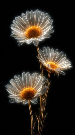 Three daisy flowers with radiant petals and golden centers are presented against a black backdrop. The image utilizes glowing lines and a soft, ethereal texture. The composition emphasizes the delicate beauty of the blossoms, suggestive of digital art. Suitable for decorative purposes and design applications.の素材