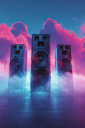 Three large speakers stand prominently against a backdrop of colorful clouds in this studio shot. The composition features a symmetrical arrangement, emphasized by a vibrant gradient of pink and blue. The scene is illuminated by dramatic lighting, creating a stylized aesthetic suitable for promotional materials or visual content.の素材