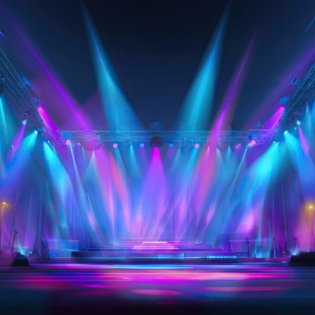 A stage is brightly lit with a dynamic display of blue and purple spotlights. The composition features beams of light cutting through a darkened space. The visual is suggestive of a performance or event. Suitable for various applications, including promotional materials or artistic projects.の素材