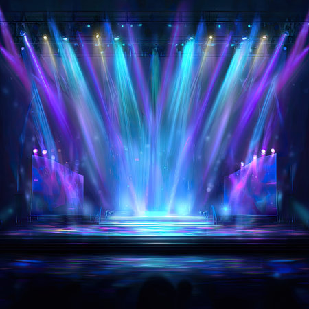 This image presents a stage illuminated by dynamic spotlights. The scene features a spectrum of colors, including blue, purple, and green. The lighting arrangement creates a sense of depth and focus, suggesting a performance environment. Suitable for a variety of visual content needs and general commercial applications.の素材