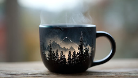 A close-up captures a coffee cup with a mountain forest scene, emitting steam against a blurred background. The cup rests on a wooden table, emphasizing a rustic ambiance. Ideal for illustrating themes of relaxation, comfort, or promoting beverages and related products, with potential uses in editorial projects.の素材