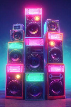 A collection of retro-style audio speakers are stacked in a creative formation, set against a dark gradient backdrop. The speakers feature large circular woofers and are illuminated by vibrant neon lights, including pink and green hues. The composition is reminiscent of a digital art piece, suitable for various promotional and creative applications.の素材