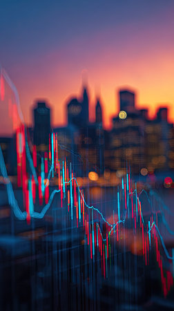 An image displays a financial graph superimposed on a cityscape during sunset. The graph features red and blue lines, suggesting market fluctuations. The composition utilizes a shallow depth of field, with soft focus on the buildings and sky. The image implies economic concepts, and is suitable for diverse commercial applications.の素材