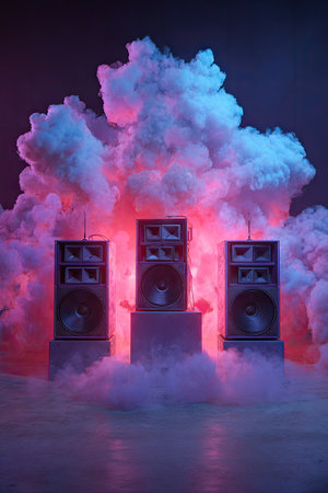 This image features three speakers arranged in front of a backdrop of fluffy, stylized clouds. The scene is illuminated with a gradient of pink and blue lighting creating a dramatic ambiance. The composition could be used for advertising, promotional materials, or various creative projects in a commercial context.の素材