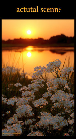 A vibrant sunset illuminates a tranquil body of water, reflected in the calm surface. Foreground wildflowers add texture and detail to the scene. The warm color palette suggests a peaceful environment. Suitable for artistic prints, commercial projects, and nature-themed content.の素材