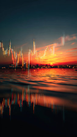 An image displays a financial graph superimposed over a tranquil body of water at sunset. The scene features warm orange and red hues in the sky and water. This composition creates an aesthetic blend of finance and nature, suitable for various business and editorial purposes.の素材