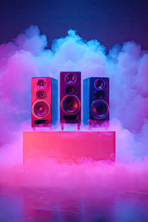 Three contemporary loudspeakers are showcased on a pink pedestal, enveloped by vibrant, multicolored smoke. The visual composition features frontal lighting, accentuating the speakers' details. This dynamic scene implies an indoor setting with a focus on music and entertainment, suitable for advertising or design projects.の素材