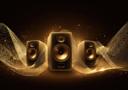 Three speakers are showcased with a dynamic golden wave design, creating an immersive visual effect. The composition employs a dark backdrop, enhancing the illuminated speakers and the wave patterns. It suggests a stylized environment, suitable for promotional materials, artistic projects, or multimedia presentations.の素材