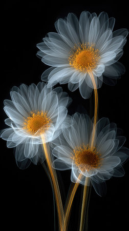 Three daisy-like flowers with white translucent petals and prominent yellow centers are presented. The stems and flower details have a subtle, blurred effect. The image is set against a stark, black background. This visual could be used for decorative purposes, educational materials, or general design projects.の素材