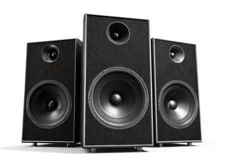 Three black audio speakers are featured against a clean white backdrop. The design displays a modern aesthetic with clear details in a studio setting. The lighting highlights the textures and shapes of the speakers. Ideal for various commercial uses, including advertisements and marketing materials.の素材
