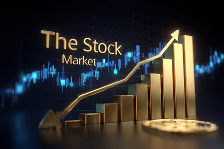 An illustration depicts a golden bar graph and an upward-pointing arrow. The image showcases financial data against a dark backdrop. The composition is lit with a gradient and could be utilized for presentations or editorial content related to finance and investment.の素材