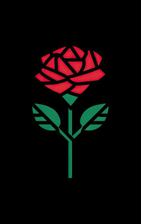 A vibrant graphic depicts a stylized red rose, composed of geometric shapes, set against a solid black background. The design features green leaves and stem, creating a balanced and visually appealing composition. This image could be used for various decorative purposes or for applications needing a floral element.の素材
