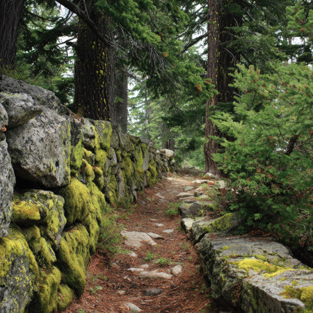 A stone pathway winds through a lush forest, flanked by moss-covered walls. The scene is illuminated by natural light, creating a serene ambiance. This image, showcasing nature's beauty and texture, is suitable for diverse commercial and editorial purposes.の素材